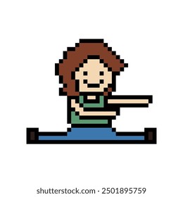 Cute pixel cartoon 8bit character woman lady aerobic yoga exercises training lifestyle stretch decoration life style 8 bit female girl exercise gym yoga fitness warm game vector.