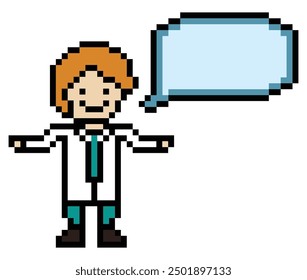 Cute pixel cartoon 8bit character man doctor scientist with caht box game care for decoration pharmacist male doctor in hospital 8 bit male pixel art vector.