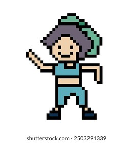 Cute pixel cartoon 8bit character woman exercises training dance lifestyle music decoration life style 8 bit female girl dance with music game fitness isolated vector.