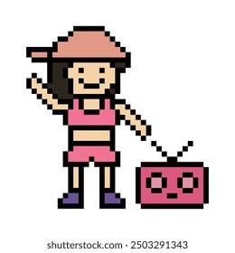 Cute pixel cartoon 8bit character woman exercises training dance lifestyle music decoration life style 8 bit female girl dance with music game fitness isolated vector.