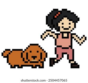 Cute pixel cartoon 8bit character woman run walk with dog pupey at park fun lifestyle decoration life style 8 bit female girl lady jog dog owner exercise vector.