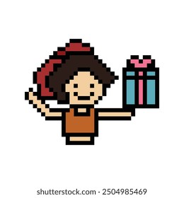 Cute pixel cartoon 8bit character woman give gift box birthday christmas bonus reward surprise decoration 8 bit female girl give gift box shopping bonus christmas day game vector.