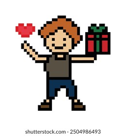 Cute pixel cartoon 8bit character man give gift box birthday christmas bonus reward surprise decoration 8 bit male boy give gift box shopping bonus christmas day game vector.
