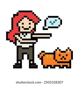 Cute pixel cartoon 8bit character woman play with cat kitty kitten fun lifestyle decoration life style 8 bit female girl cat love owner vector.