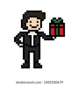 Cute pixel cartoon 8bit character man give gift box birthday christmas bonus reward surprise decoration 8 bit male boy give gift box shopping bonus christmas day game vector.