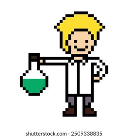 Nette Pixel Cartoon 8bit Charakter Mann Arzt oder Wissenschaftler Spiel Pflege für Dekoration Apotheker männlichen Arzt im Krankenhaus 8 Bit männlichen Pixel Art Vektor.