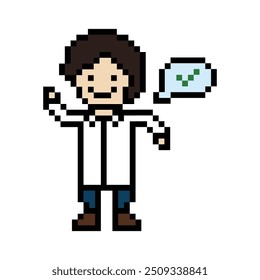 Cute pixel cartoon 8bit personaje hombre doctor o científico juego cuidado para la decoración farmacéutico doctor masculino en el hospital 8 bit masculino pixel art Vector.