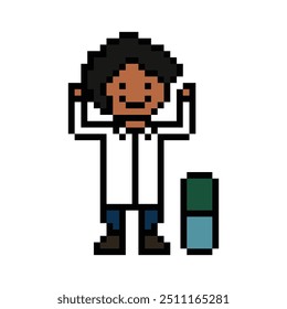 Cute pixel cartoon 8bit character man doctor or scientist game care for decoration pharmacist male doctor in hospital 8 bit male pixel art vector.