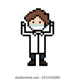 Desenho animado de pixel bonito 8 bits homem médico ou cientista jogo cuidado para a decoração farmacêutico médico masculino no hospital 8 bits masculino pixel art vetor.