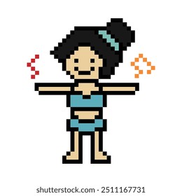 Nette Pixel Cartoon 8bit Charakter Frau Bikini oder Badeanzug Spiel Sommer Strand Urlaub für Dekoration Lifestyle weiblichen Bikini Cartoon 8 bit Urlaub entspannen Pixel Art Vektor.