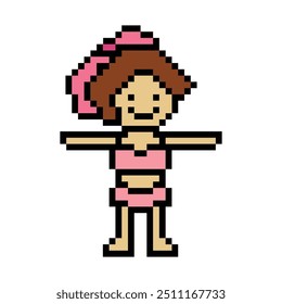 Nette Pixel Cartoon 8bit Charakter Frau Bikini oder Badeanzug Spiel Sommer Strand Urlaub für Dekoration Lifestyle weiblichen Bikini Cartoon 8 bit Urlaub entspannen Pixel Art Vektor.