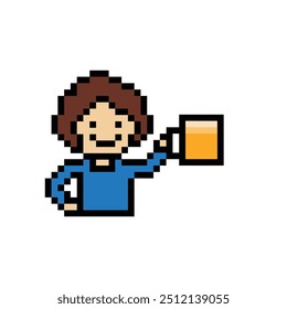 Cute pixel cartoon 8bit character man drink beer alcohol party  lifestyle decoration life style 8 bit male boy drinking beer isolated vector.