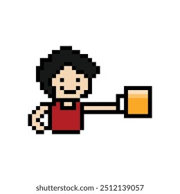 Cute pixel cartoon 8bit character man drink beer alcohol party  lifestyle decoration life style 8 bit male boy drinking beer isolated vector.