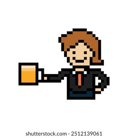 Cute pixel cartoon 8bit character man drink beer alcohol party  lifestyle decoration life style 8 bit male boy drinking beer isolated vector.