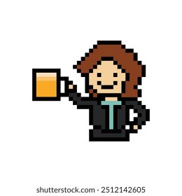 Dibujos animados de píxeles lindos 8 bits personaje mujer bebida cerveza alcohol fiesta hangout estilo de vida decoración estilo de vida 8 bits chica femenina bebiendo cerveza Vector aislado.