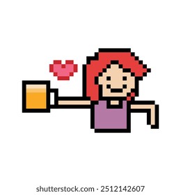 Dibujos animados de píxeles lindos 8 bits personaje mujer bebida cerveza alcohol fiesta hangout estilo de vida decoración estilo de vida 8 bits chica femenina bebiendo cerveza Vector aislado.