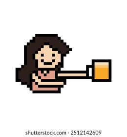 Dibujos animados de píxeles lindos 8 bits personaje mujer bebida cerveza alcohol fiesta hangout estilo de vida decoración estilo de vida 8 bits chica femenina bebiendo cerveza Vector aislado.