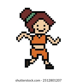 Cute pixel cartoon 8bit character woman lady run or running jog cardio lifestyle for decoration life style 8 bit female jog marathon exercise vector.