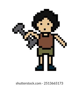 Cute pixel cartoon 8bit character man weight training with dumbbell lifestyle lifting gym decoration life style 8 bit male boy weight fitness isolated vector.