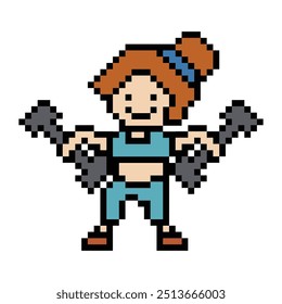 Nette Pixel-Cartoon 8bit Charakter weiblichen Gewicht Training mit Hantel Lifestyle Lifestyle Lifting Fitnessraum Dekoration Lebensstil 8 Bit weibliche Dame Mädchen Gewicht Fitness isoliert PNG Vektor.