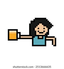 Dibujos animados de píxeles lindos 8 bits personaje mujer bebida cerveza alcohol fiesta hangout estilo de vida decoración estilo de vida 8 bits chica femenina bebiendo cerveza Vector aislado.