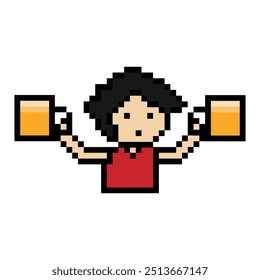 Cute pixel cartoon 8bit character man drink beer alcohol party lifestyle decoration life style 8 bit male boy drinking beer isolated vector.