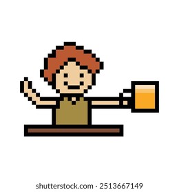 Cute pixel cartoon 8bit character man drink beer alcohol party lifestyle decoration life style 8 bit male boy drinking beer isolated vector.