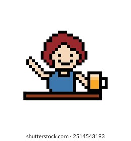 Cute pixel cartoon 8bit character man drink beer alcohol party lifestyle decoration life style 8 bit male boy drinking beer isolated vector.