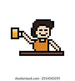 Cute pixel cartoon 8bit character man drink beer alcohol party lifestyle decoration life style 8 bit male boy drinking beer isolated vector.