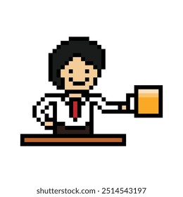 Cute pixel cartoon 8bit character man drink beer alcohol party lifestyle decoration life style 8 bit male boy drinking beer isolated vector.