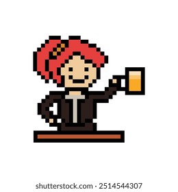 Dibujos animados de píxeles lindos 8 bits personaje mujer bebida cerveza alcohol fiesta hangout estilo de vida decoración estilo de vida 8 bits chica femenina bebiendo cerveza Vector aislado.