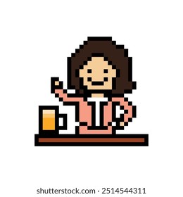 Dibujos animados de píxeles lindos 8 bits personaje mujer bebida cerveza alcohol fiesta hangout estilo de vida decoración estilo de vida 8 bits chica femenina bebiendo cerveza Vector aislado.