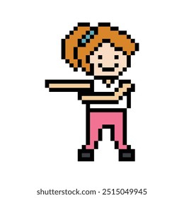 Cute pixel cartoon 8bit character woman exercises training dance lifestyle music decoration life style 8 bit female girl dance con juego de música fitness Vector aislado.