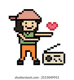 Cute pixel cartoon 8bit character woman exercises training dance lifestyle music decoration life style 8 bit female girl dance con juego de música fitness Vector aislado.