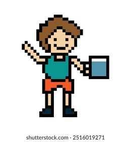 Cute pixel cartoon 8bit character man drink water healthy lifestyle decoration life style 8 bit male boy drinking health water glass isolated vector.