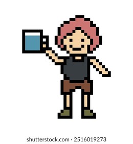 Cute pixel cartoon 8bit character man drink water healthy lifestyle decoration life style 8 bit male boy drinking health water glass isolated vector.