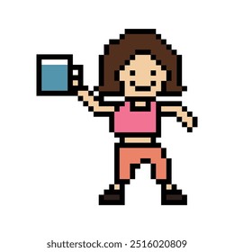 Cute pixel cartoon 8bit character woman drink water healthy lifestyle decoration life style 8 bit female girl lady drinking health water glass isolated png vector.