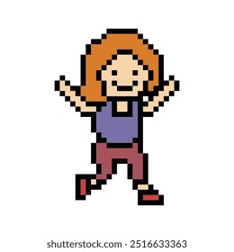 Cute pixel cartoon 8bit character woman lady run or running jog cardio lifestyle for decoration life style 8 bit female jog marathon exercise vector.