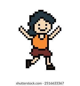 Cute pixel cartoon 8bit character woman lady run or running jog cardio lifestyle for decoration life style 8 bit female jog marathon exercise vector.