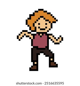 Cute pixel cartoon 8bit character man exercises training dance lifestyle music decoration life style 8 bit male boy dance with music game fitness isolated vector.