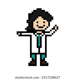 Desenho animado de pixel bonito 8 bits homem médico ou cientista jogo cuidado para a decoração farmacêutico médico masculino no hospital 8 bits pixel masculino arte png vetor.