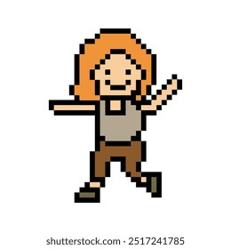 Cute pixel cartoon 8bit character woman lady run or running jog cardio lifestyle for decoration life style 8 bit female jog marathon exercise vector.