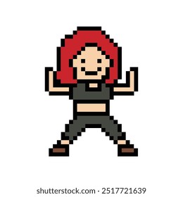 Cute pixel cartoon 8bit character woman exercises training dance lifestyle music decoration life style 8 bit female girl dance con juego de música fitness aislado PNG Vector.