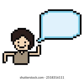 Cute pixel cartoon 8bit character man with chat blank decoration 8 bit male boy say speak discuss idea chat box cartoon pixel game vector.