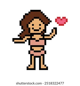 Nette Pixel Cartoon 8bit Charakter Frau Bikini oder Badeanzug Spiel Sommer Strand Urlaub für Dekoration Lifestyle weiblichen Bikini Cartoon 8 bit Urlaub entspannen Pixel Art Vektor.