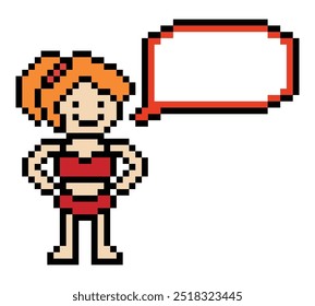 Nette Pixel Cartoon 8bit Charakter Frau Bikini oder Badeanzug Chat-Box Sommer Strand Urlaub für Dekoration Lifestyle weiblichen Bikini Cartoon 8 bit Urlaub entspannen Pixel Art Vektor.