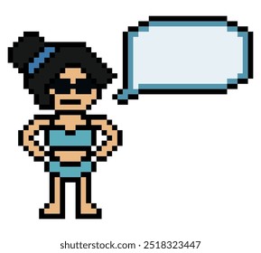 Nette Pixel Cartoon 8bit Charakter Frau Bikini oder Badeanzug Chat-Box Sommer Strand Urlaub für Dekoration Lifestyle weiblichen Bikini Cartoon 8 bit Urlaub entspannen Pixel Art Vektor.