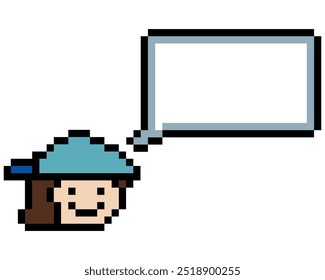 Cute pixel cartoon 8bit character face man with chat blank decoration 8 bit male boy say speak discuss idea chat box cartoon pixel game vector.