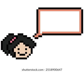 Cute pixel cartoon 8bit character face woman with chat blank decoration 8 bit female girl say speak discuss idea chat box cartoon pixel game png vector.