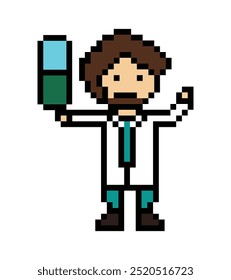 Cute pixel cartoon 8bit character man doctor or scientist game care for decoration pharmacist male doctor in hospital 8 bit male pixel art vector.